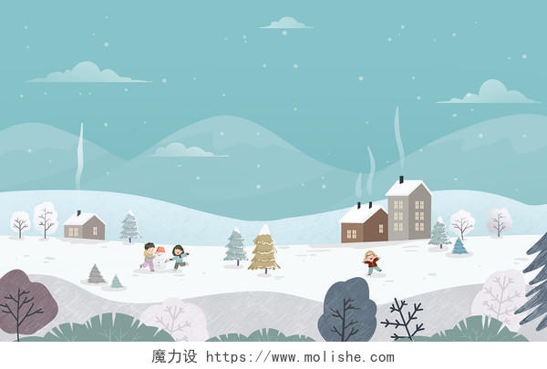蓝色冬天卡通村庄房屋背景插画大雪背景